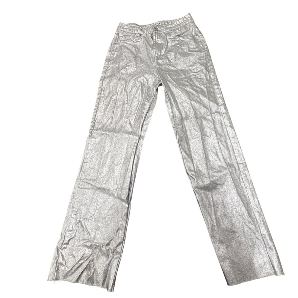 Zara‎ Jeans Womens 4 Silver Metallic Straight Leg Raw Hem High Rise Denim Pants